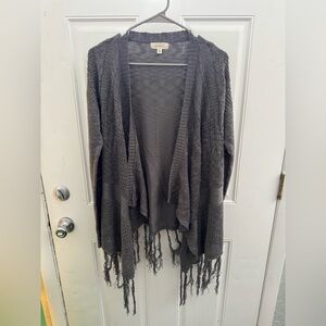 Hopely Gray Open Front Cardigan Size Large Fringe Hem Lightweight Knit